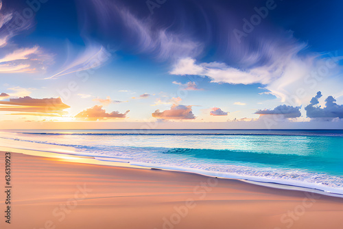 Beach scenery with the wide sea, soft sandy beach, and waves in the morning at sunrise, Generative AI, 생성형, 인공지능