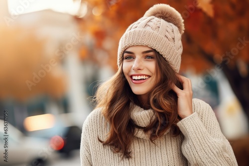 Beautiful autumn portrait of a happy woman. Young woman smiling, wearing a coat and a hat, in a city during autumn. © Creative Clicks