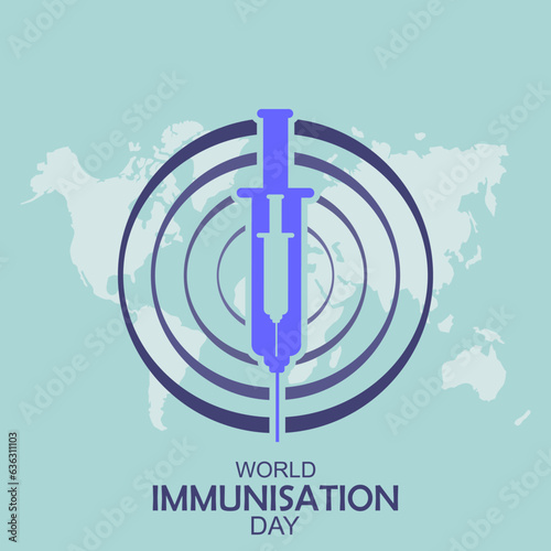 A syringe against a light blue background and a world map, to commemorate World Immunization Day on November 10th