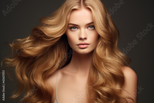 Beautiful model girl with Golden Blonde hair. Care and beauty hair products