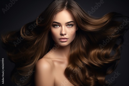 Beautiful model girl with Golden dark hair. Care and beauty hair products