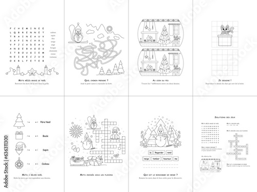Set of seven games. Christmas Theme. Game and coloring page for kids. French language. Vector illustration. Set No. 1.