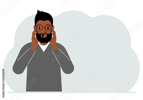 The man expresses the emotions of shock, surprise, confusion, stress, anxiety. Vector