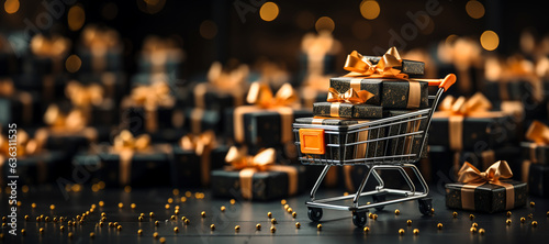 Black friday concept background Black friday online shopping concept with cart and gifts