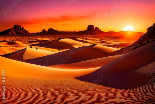 sunset in the desert  Vibrant sunset at the desert scene with a hill and colorful land