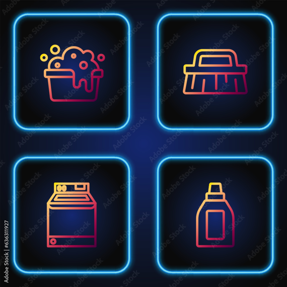 Set line Bottle for cleaning agent, Washer, Basin with soap suds and Brush. Gradient color icons. Vector Set line Bottle for cleaning agent, Washer, Basin with soap suds and Brush. Gradient color icons. Vector