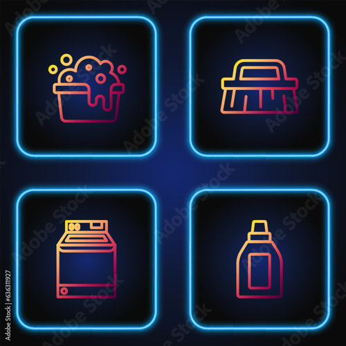 Set line Bottle for cleaning agent, Washer, Basin with soap suds and Brush. Gradient color icons. Vector