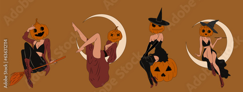 Set of four Witches in Halloween costume. Pumpkin. Cute ladies. Pin-up, retro style. Halloween costume concept. Hand drawn modern Vector illustration.
