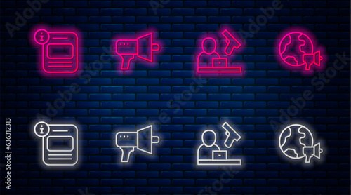 Set line Megaphone, Crime news, Information and World. Glowing neon icon on brick wall. Vector
