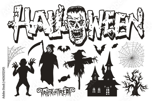 Halloween party set logotypes monochrome