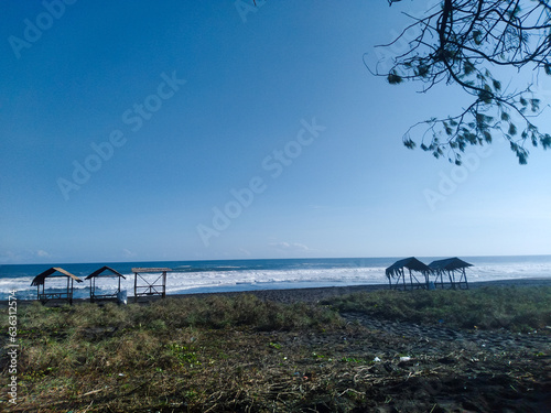 Beautiful view of Jatimalang beach at Purworejo Indonesia, traditional hut, made from bamboo. photo