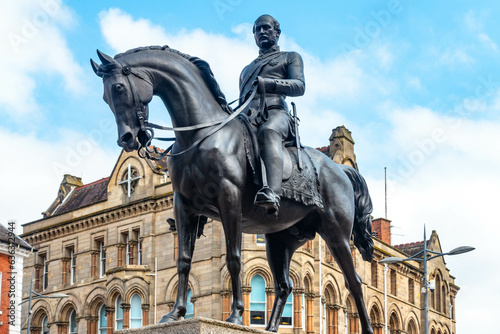 The Bronze sculpture of Prince Albert on horseback, royal consort to Queen Victoria, stands in Queens Square in the the city of Wolverhampton