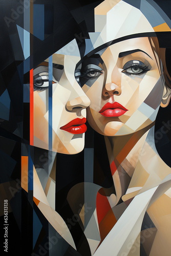 cubism portrait of two women. abstract wall art.painting in the interior. a modern poster. Generative AI © pcperle