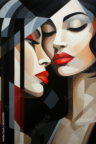 cubism portrait of two women. abstract wall art.painting in the interior. a modern poster. Generative AI