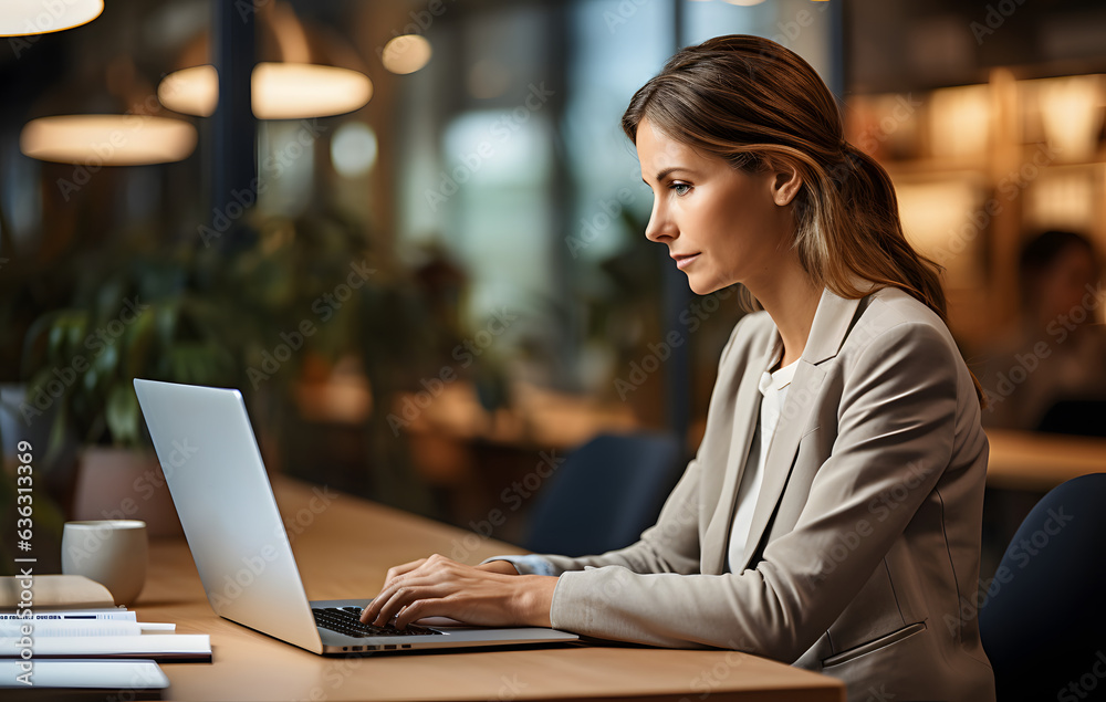 woman working on laptop from office woman working on laptop from office