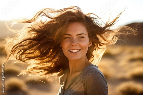 A woman with her hair blowing in the wind, happy and smiling at the camera.
