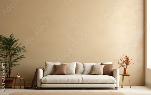 Simplistic Interior Beige Sofa with Vacant Beige Wall. Generative AI © Muhammad