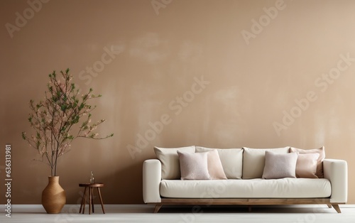 Simplistic Interior Beige Sofa with Vacant Beige Wall. Generative AI