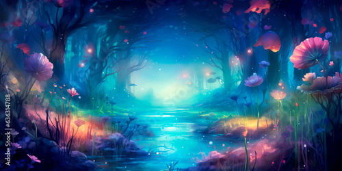 dreamy watercolor background with a blend of blues and purples, creating a mystical forest scene with fireflies and whimsical creatures.