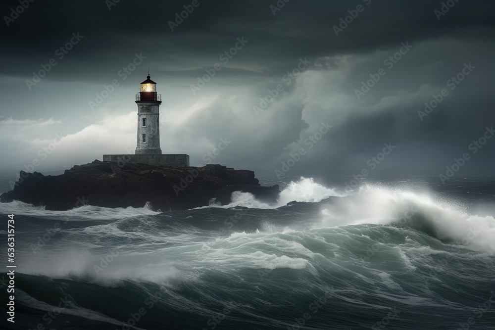 Beautiful lighthouse in the middle of stormy sea.