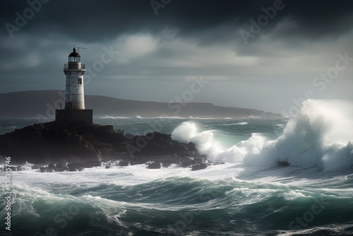 Beautiful lighthouse in the middle of stormy sea. © Umka art