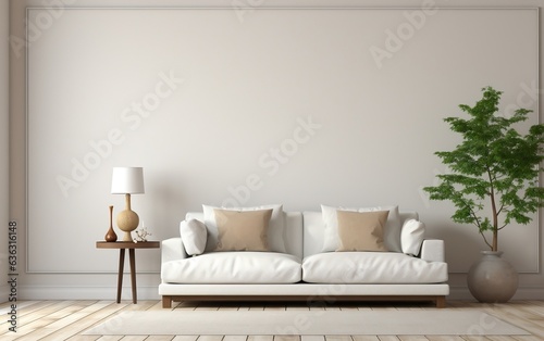 Contemporary Apartment White Furniture and Vacant Wall. Generative AI