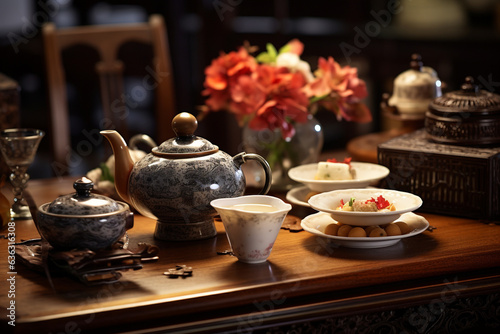 Classic tea banquet on table with teapot and cups, Chinese style