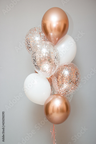 golden and white balloons on white background, rose gold helium balloons