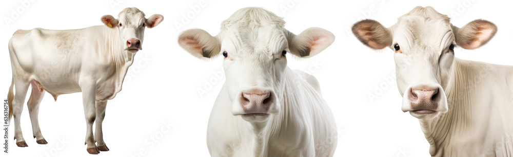 Collection of three white cows (portrait, standing), animal bundle isolated on a transparent background