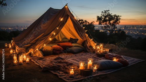 Generative AI, romantic camping with lantern lights, pillows, blanket. City view in the evening