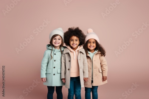 Three little girls wearing comfy warm coats and wool hats in pastel colors, posing and smiling. Fall winter fashion for kids. Generative AI
