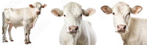 Collection of three white cows (portrait, standing), animal bundle isolated on a transparent background © Flowal93