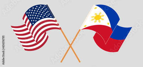 Crossed and waving flags of the USA and the Philippines