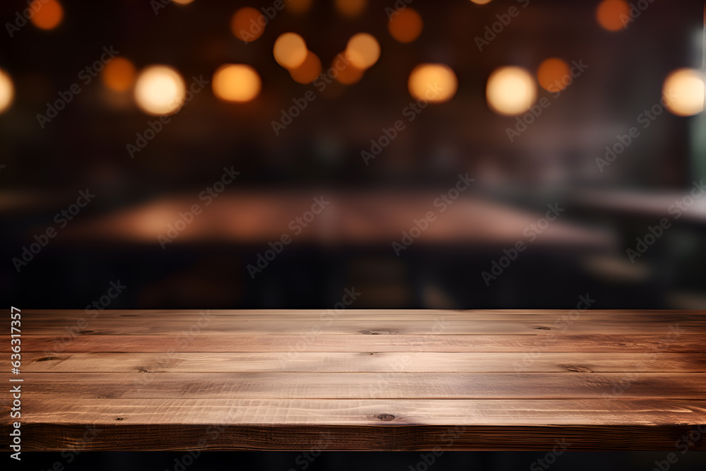 Wood table top on blurred of view of town with light bulb.Background for montage product display or design key visual layout Generative Ai