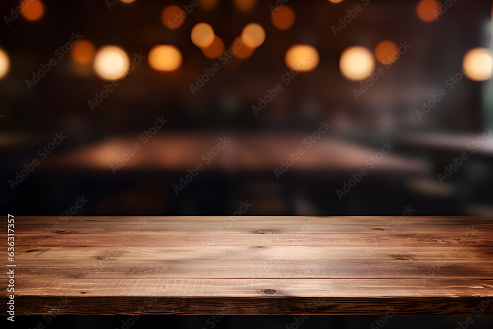 Wood table top on blurred of view of town with light bulb.Background for montage product display or design key visual layout Generative Ai Wood table top on blurred of view of town with light bulb.Background for montage product display or design key visual layout Generative Ai