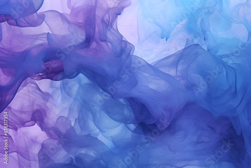 Paint in water. Colorful art background. Fluorescent smoke texture. Universe energy. Glowing bright blue purple vapor splash on dark. Generative Ai
