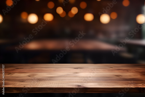 Wood table top on blurred of view of town with light bulb.Background for montage product display or design key visual layout Generative Ai