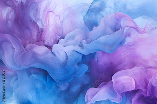 Paint in water. Colorful art background. Fluorescent smoke texture. Universe energy. Glowing bright blue purple vapor splash on dark. Generative Ai