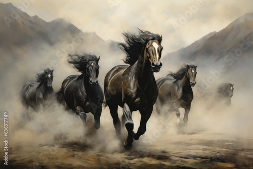 white horses running in a field on a black background photo