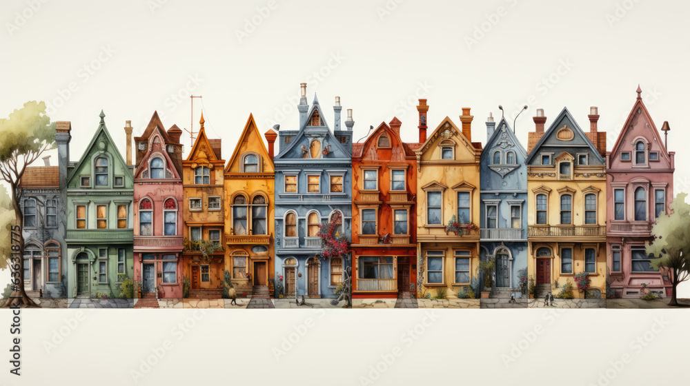 Generative ai illustration of row of victorian houses - obrazy, fototapety, plakaty 