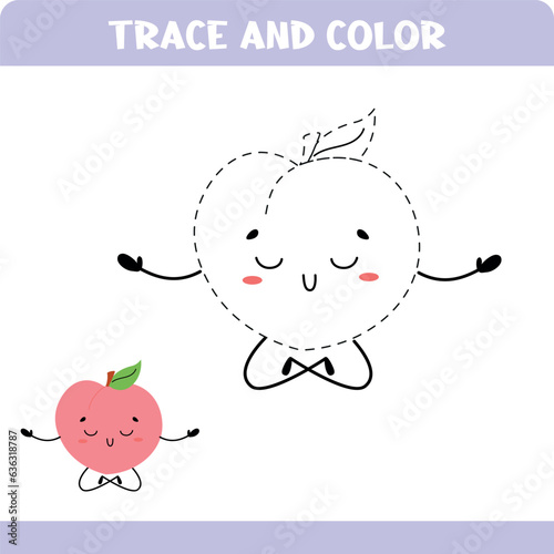 Trace and color educational page for kids. Tracing vegetables. Activity coloring worksheet. Peach
