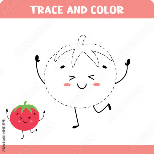 Educational worksheet with coloring  game for todlers with tracing. Trace tomato.  Activity page.