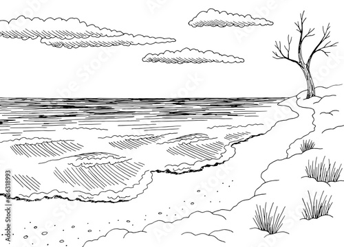Seashore in winter graphic beach black white landscape sketch illustration vector