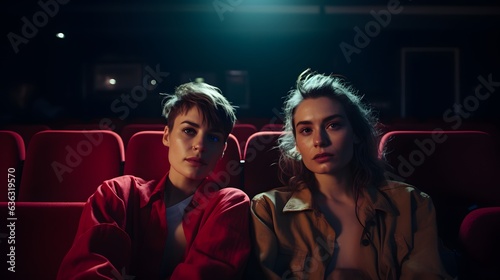 Cinematic Connection: Lesbian Couple Engrossed in Movie Experience photo