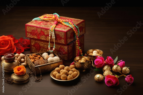 Wristband or rakhi ,gift box, sweet dish. raksha bandhan concept. © PRASANNAPIX