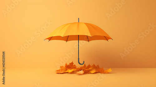 Fall background with umbrella and falling leaves. Copy space. 