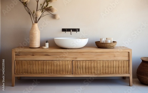 Contemporary Bathroom Interior Design featuring a Wooden Vanit. Generative AI