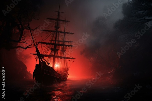 A pirate vessel navigates through thick mist illuminated by eerie red lights. Generative AI