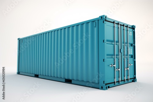 A white background highlights a solitary blue freight shipping container in this 3D illustration. Generative AI