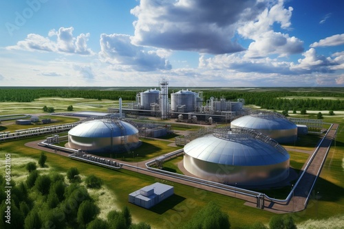 Sustainable fuel production, bio gas, new factory, field, aerial view, ecological concept. Generative AI © Edward